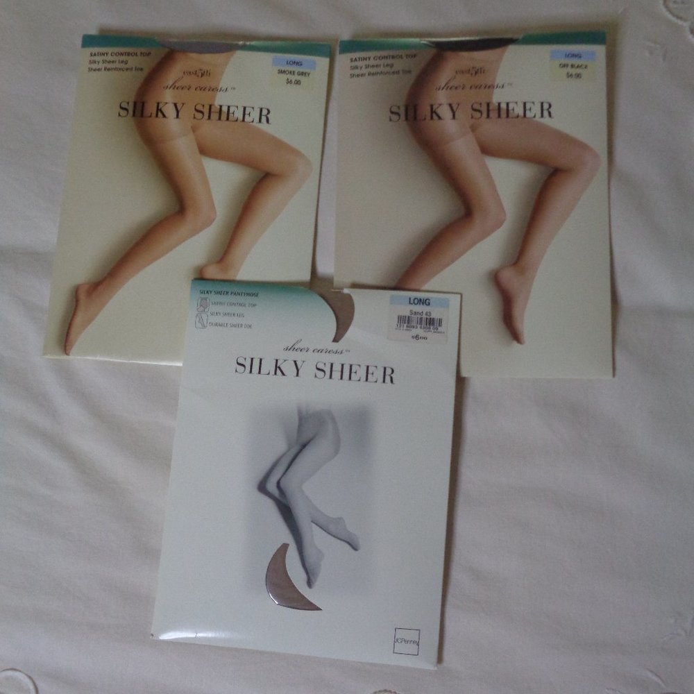 Sheer Caress Silky Sheer pantyhose 3 pair NIP Off Black, Smoke Gray, Sand